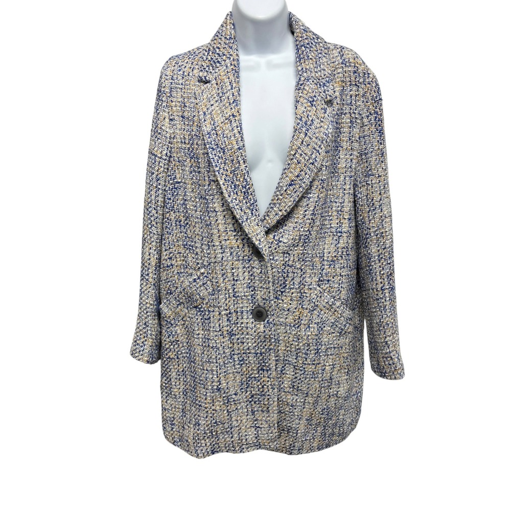 Zara Womens Blue Tan Tweed Textured Blazer Jacket Size Medium Notch Lapel Lined